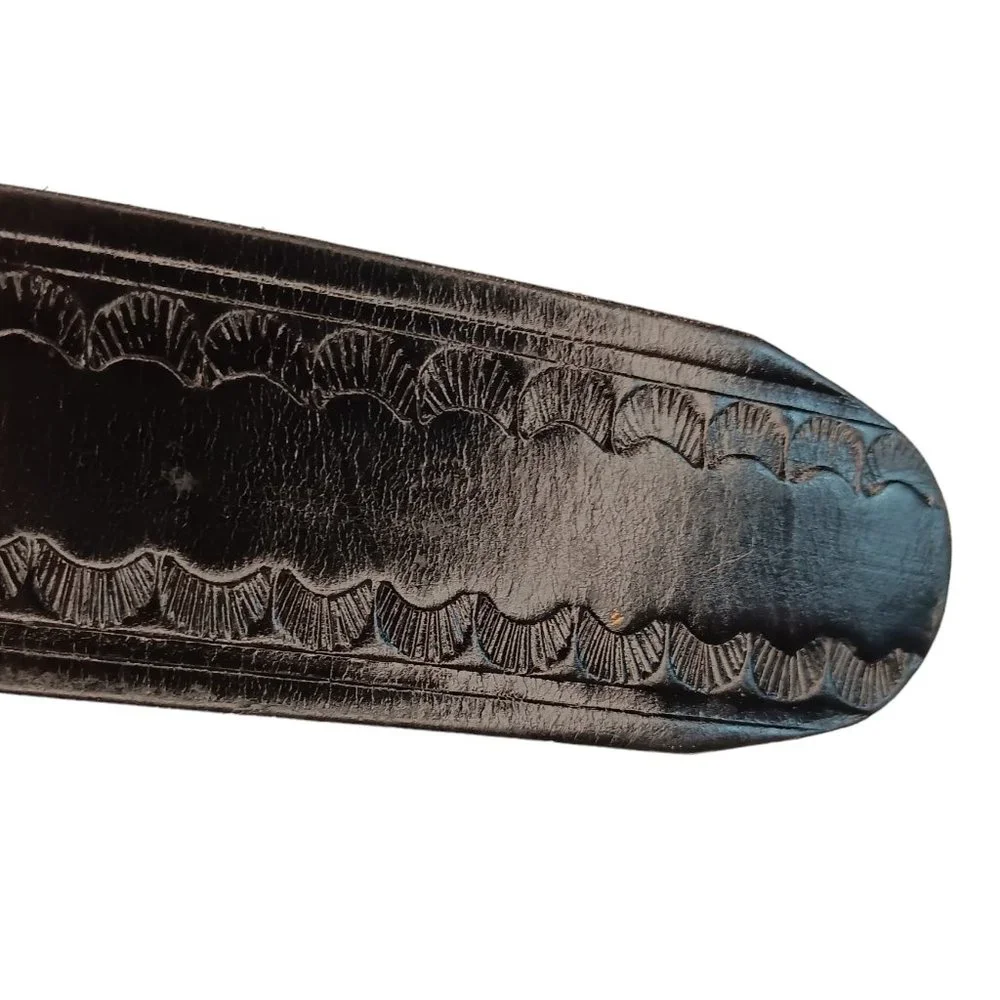 Black Leather Belt Woven Detail Scallop Design Gold Silver Sparkle Buckle